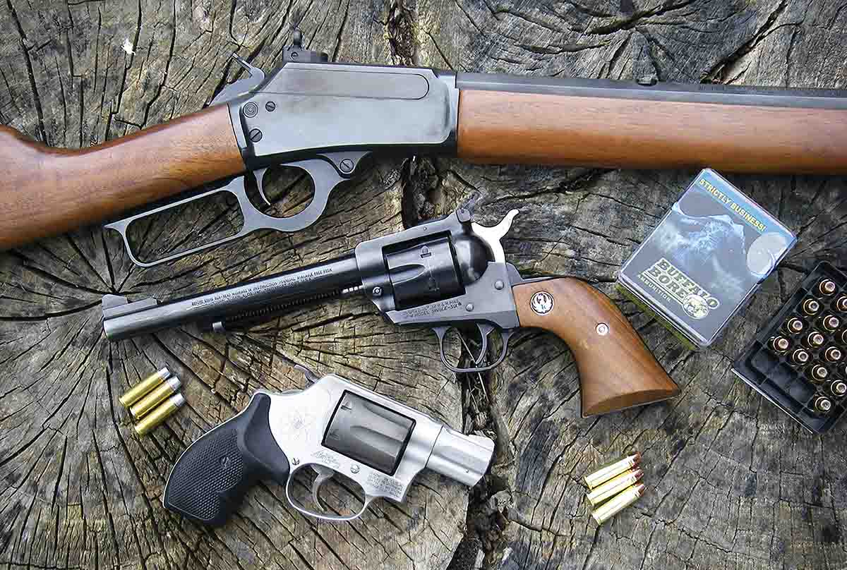 Three guns were used to develop .32 H&R Magnum data including (top to bottom): a Marlin 1894CB with a 20-inch barrel, a Ruger New Model Single-Six with a 6.5-inch barrel and a Smith & Wesson Model 331 Airlite Ti with 17⁄8-inch barrel.